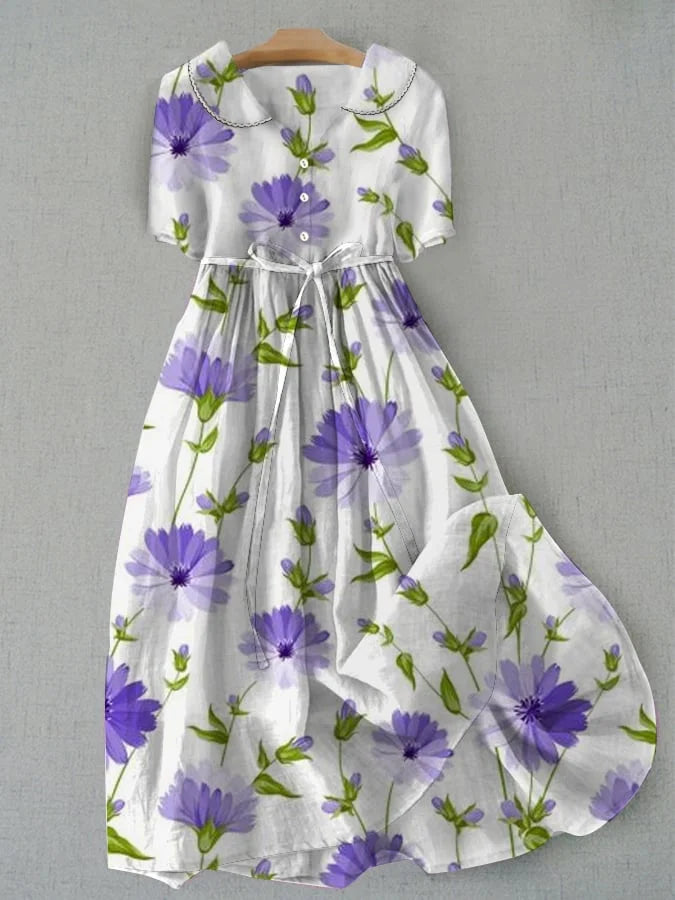 Sage - Robe à Fleurs à Manches Courtes avec Lacets à la Taille