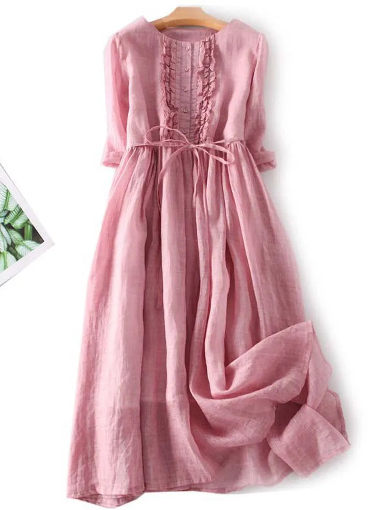 Arya - Robe Taille Laced Up à Col Rond Art Retro pour Femmes